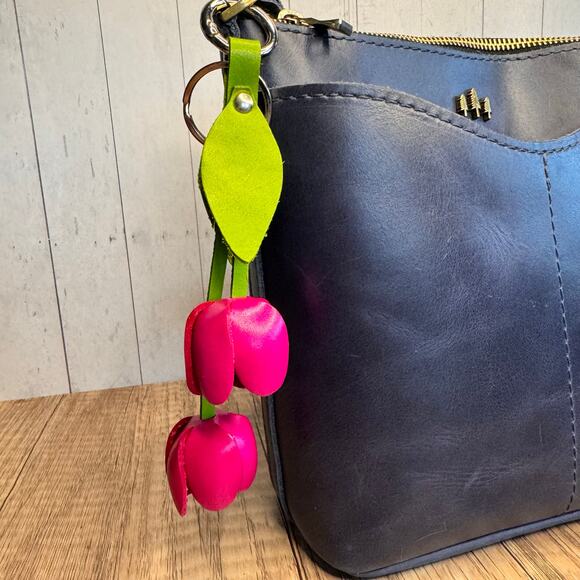 Leather Bright Pink Tulip Purse Charm Genuine Leather Tulip Spring Bag Charm - Picture 1 of 6